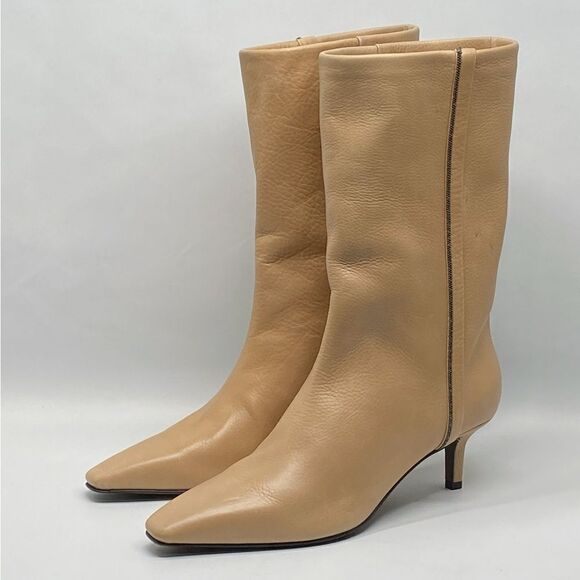 Brunello Cucinelli Bead embellished Leather Kitten-Heel Boots size 37 - Picture 1 of 12